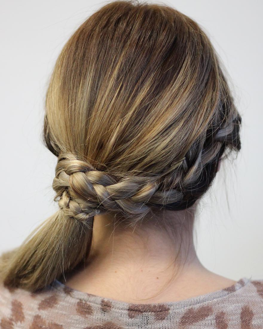 Braid wrapped around a low side ponytail