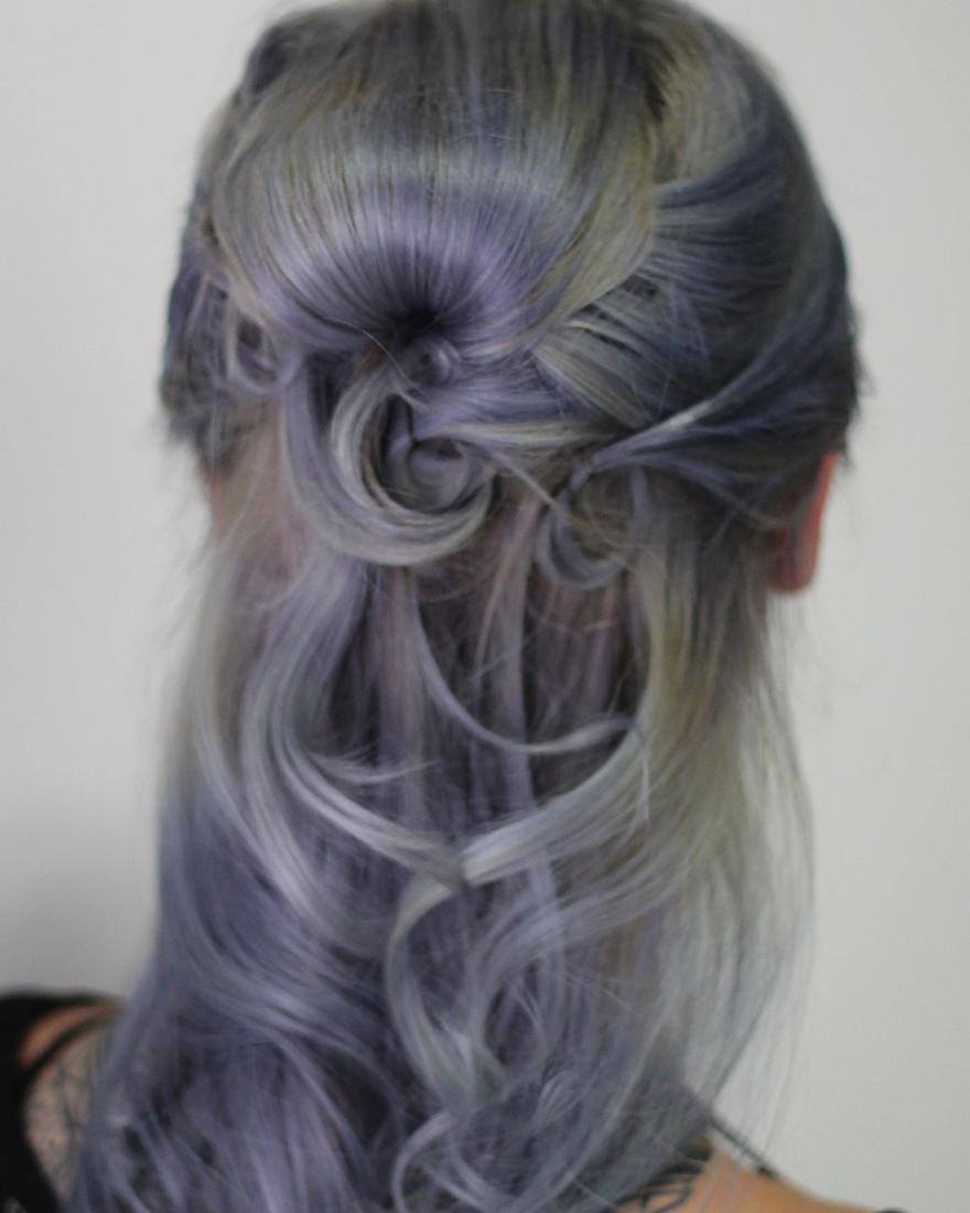 Silver-lavender half-up style with sculpted swirls