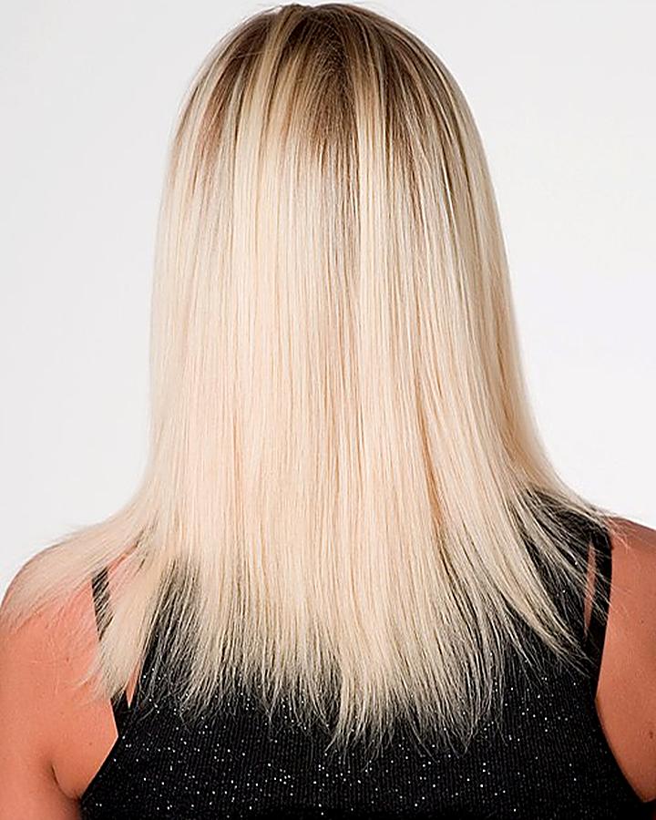 Before: shoulder-length blonde hair with visible roots and thin ends
