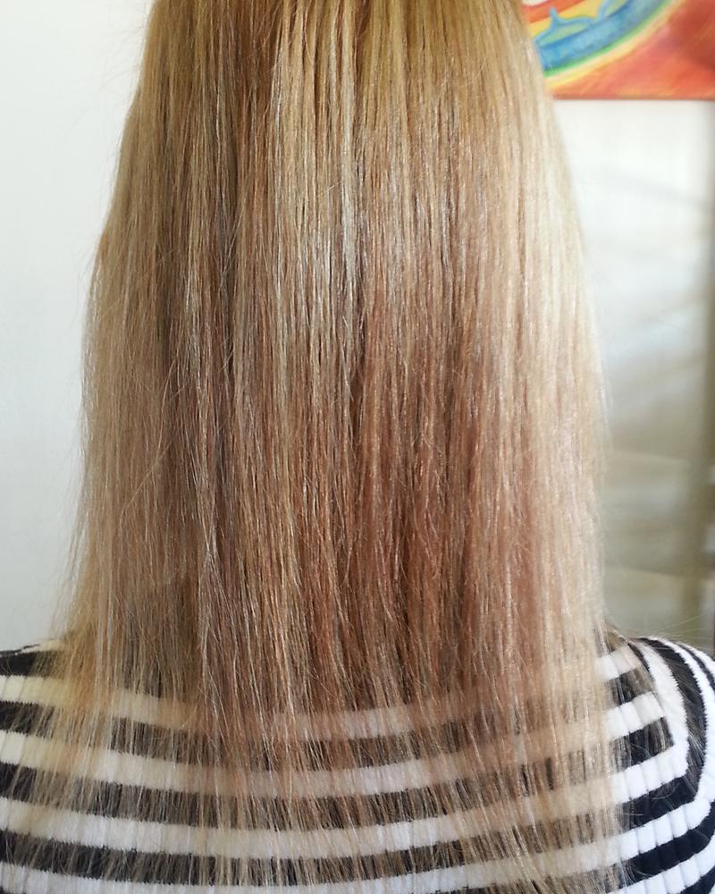 Before keratin-tip hair extensions: thin, uneven blonde ends